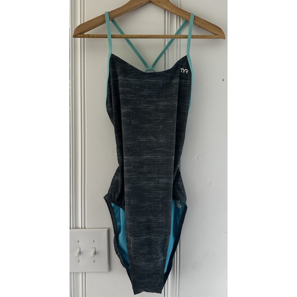TYR One Piece Swimsuit Womens 38 XXL Black Blue Thin Strap Polyester Swim Team